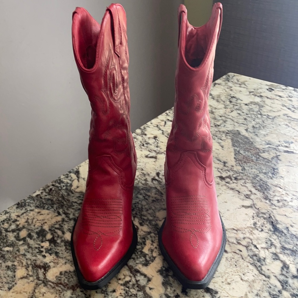 Red cowboy boots, never worn by Maddon Girl